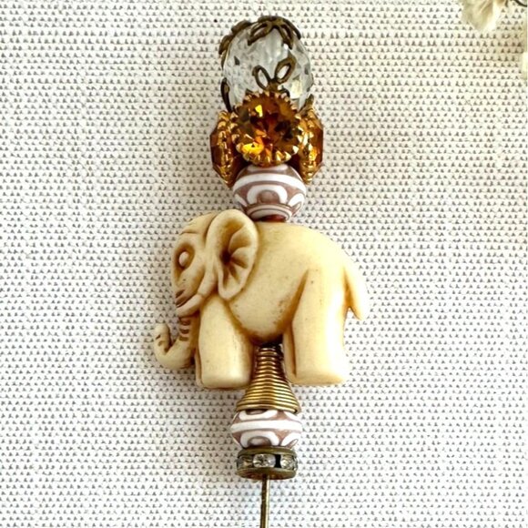 Carved Bone Elephant Hat Pin Amber Rhinestone Accent - Picture 2 of 15